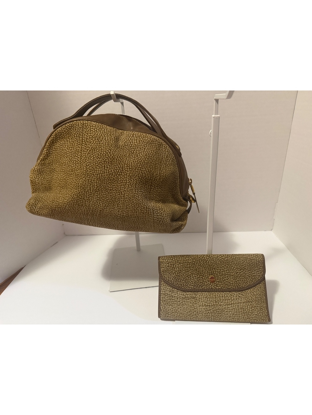 Vintage Borbonese Redwall Partridge Eye Suede Handbag Satchel & Wallet Set